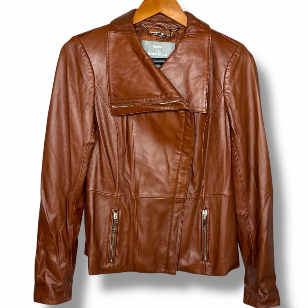 Dennis Basso Platinum Brown Leather Moto Jacket Women’s Size 4